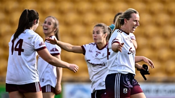 Emma Reaney of Galway, right, celebrates after her side's victory in the TG4 All-Ireland Ladies Football Senior Championship semi-final match between Cork and Galway at Glenisk O'Connor Park in Tullamore, Offaly. Photo by Piaras Ó Mídheach/Sportsfile