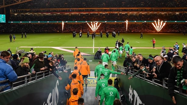 19 November 2022; Players from both sides run out before the Bank of Ireland Nations Series match between Ireland and Australia at the Aviva Stadium in Dublin. Photo by David Fitzgerald/Sportsfile
