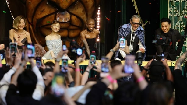 SINGAPORE, SINGAPORE - NOVEMBER 13: Michelle Yeoh , Ariana Grande , Cynthia Erivo , Jeff Goldblum and Jon M. Chu during the handprint ceremony at the "Wicked: For Good" Asia-Pacific Premiere