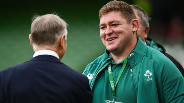 30 November 2024; Tadhg Furlong of Ireland and Australia head coach Joe Schmidt before the Autumn Nations Series match between Ireland and Australia at the Aviva Stadium in Dublin. Photo by Ramsey Cardy/Sportsfile
