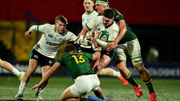 James O'Leary of Ireland in action against Janco Purchase, 13, and JD Hattingh of South Africa during the U20 Challenge Match between Ireland and South Africa at Virgin Media Park in Cork.