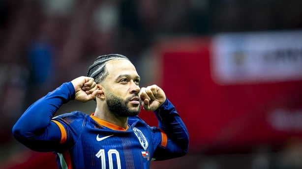 Netherlands forward Memphis Depay celebrates the goal during the match between Poland and Netherlands at the PGE Narodowy (National Stadium) for the FIFA World Cup 2026 UEFA Qualifiers - Group G - Matchday 9 season 2025-2026 in Warsaw, Poland, on November 14, 2025.
