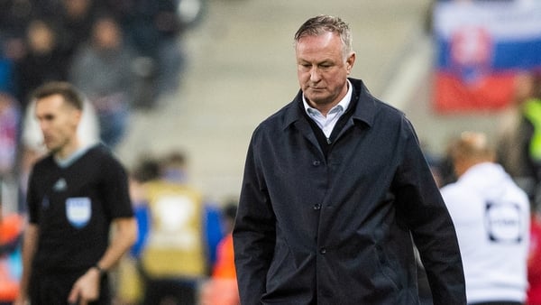 Northern Ireland's head coach Michael O'Neill looks down during the 1st round - Group A World Cup 2026 European Qualifiers football match between Slovakia and Northern Ireland on November 14, 2025 in Kosice, Slovakia.
