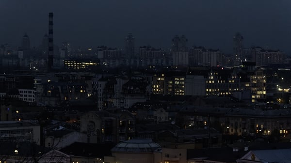 A panoramic view of Kyiv's right bank shows buildings and streets without lights during massive power outages caused by recent Russian attacks on Ukraine's energy infrastructure in Kyiv, Ukraine, on November 10, 2025. Throughout most regions of the countr