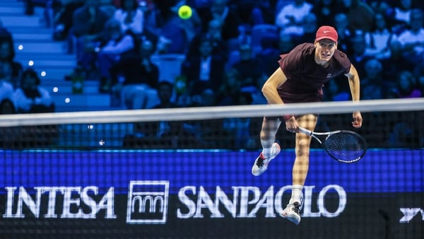 TURIN, ITALY - 2025/11/14: Jannik Sinner of Italy seen in actions during Men's Singles Group Stage match against Ben Shelton of United States on day six of the Nitto ATP Finals 2025 at Inalpi Arena. (Photo by Fabrizio Carabelli/SOPA Images/LightRocket via