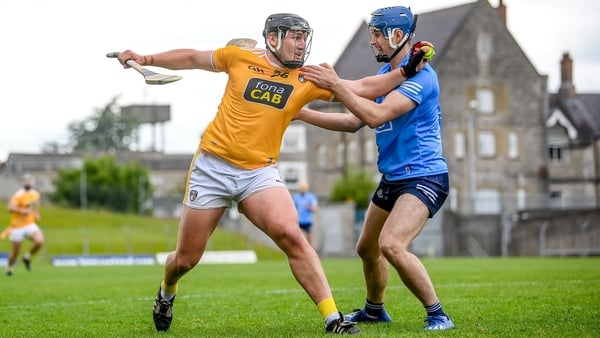 26 June 2021; Domhnall Nugent of Antrim in action against Seán Moran of Dublin during the Leinster GAA Hurling Senior Championship Quarter-Final match between Dublin and Antrim at Páirc Tailteann in Navan, Meath. Photo by Stephen McCarthy/Sportsfile
