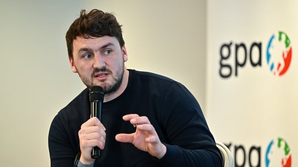 19 January 2024; Let's Face It podcast host Domhnall Nugent speaking in a panel discussion during the GPA Rookie Camp at the Radisson Blu Hotel, Dublin Airport. Photo by Sam Barnes/Sportsfile 
