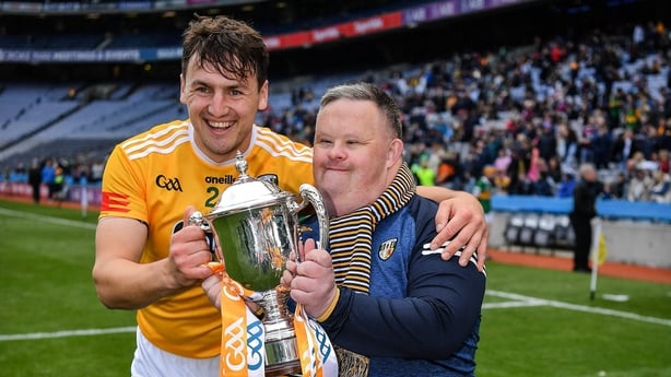 4 June 2022; Domhnall Nugent of Antrim and Domhnall Nugent of Antrimsupporter Eamon Boyle with the cup after the Joe McDonagh Cup Final match between Antrim and Kerry at Croke Park in Dublin. Photo by Ray McManus/Sportsfile