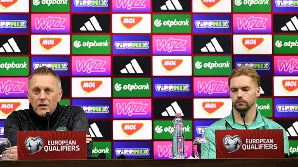 15 November 2025; Head coach Heimir Hallgrimsson and goalkeeper Caoimhin Kelleher during a Republic of Ireland media conference at Puskás Aréna in Budapest, Hungary. Photo by Stephen McCarthy/Sportsfile
