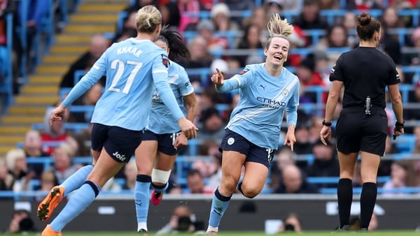 Lauren Hemp of Manchester City celebrates scoring her team's third goal during the Barclays Women's Super League match between Manchester City and Manchester United at Etihad Stadium on November 15, 2025 in Manchester, England.