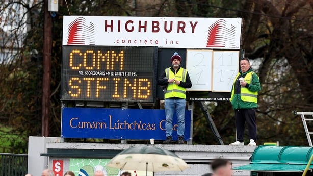 15 November 2025; A general view of the scoreboard during the AIB Munster GAA Football Senior Club Championship quarter-final match between Clonmel Commercials and St Finbarr's at Clonmel Sportsfield in Tipperary. Photo by Michael P Ryan/Sportsfile