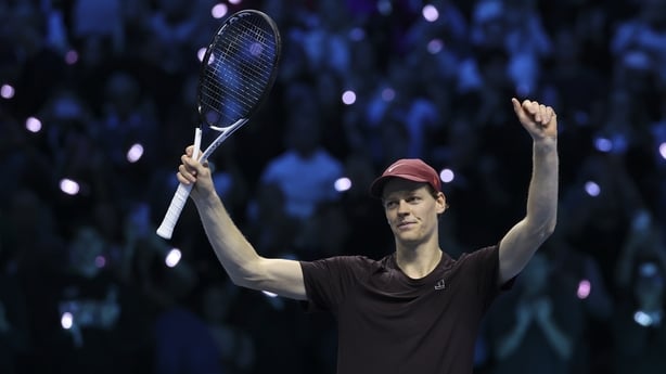 Jannik Sinner of Italy celebrates after winning Semi Final match against Alex de Minaur of Australia during day seven of the Nitto ATP Finals 2025 at Inalpi Arena on November 15, 2025 in Turin, Italy.