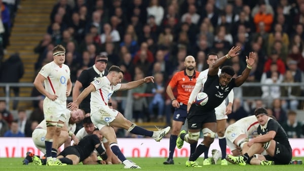 George Ford of England successfully kicks a drop goal during the Quilter Nations Series 2025 rugby international match between England and New Zealand at Allianz Stadium on November 15, 2025 in London, England.