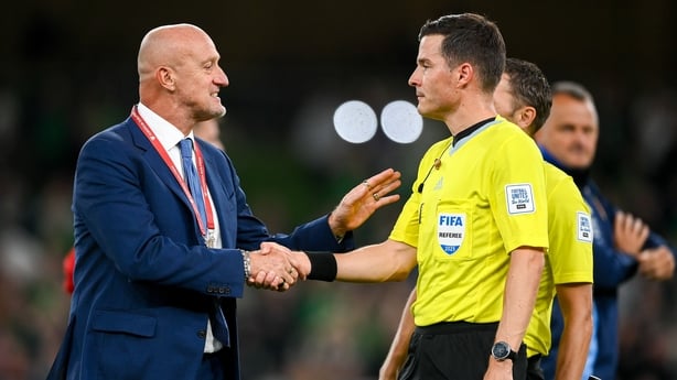 6 September 2025; Hungary head coach Marco Rossi speaks to referee Harm Osmer after the FIFA World Cup 2026 Group F qualifying match between Republic of Ireland and Hungary at the Aviva Stadium in Dublin. Photo by Stephen McCarthy/Sportsfile