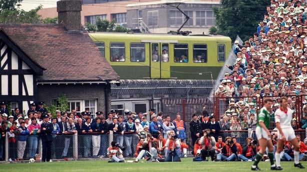 4 June 1989; The DART passes Lansdowne Road during the match. Republic of Ireland v Hungary. 1990 World Cup Qualification. Lansdowne Road, Dublin. Photo by Ray McManus / SPORTSFILE