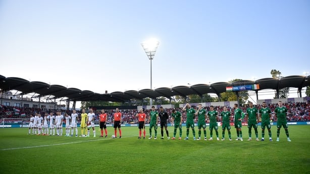 8 June 2021; Players and match officials stand for the playing of the National Anthems before the international friendly match between Hungary and Republic of Ireland at Szusza Ferenc Stadion in Budapest, Hungary. Photo by Alex Nicodim/Sportsfile