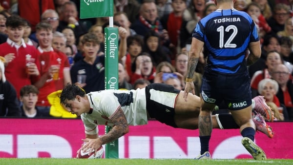 Wales’ Louis Rees-Zammit scores his sides second try during the Quilter Nations Series 2025 rugby international match between Wales and Japan at Principality Stadium on November 15, 2025 in Cardiff, Wales.