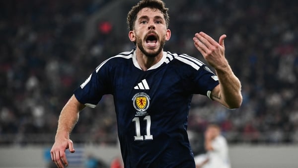 Scotland's forward #11 Ryan Christie celebrates after scoring his team's second goal during the FIFA World Cup 2026 Group C European qualification football match between Greece and Scotland at the Karaiskakis Stadium in Piraeus, on November 15, 2025.