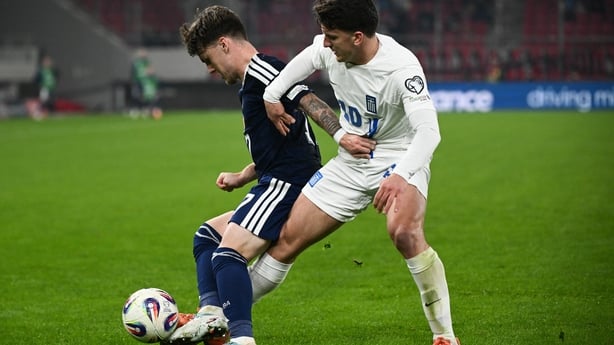 Scotland's forward #17 Ben Gannon-Doak (L) and Greece's forward #10 Christos Tzolis (R) fight for the ball during the FIFA World Cup 2026 Group C European qualification football match between Greece and Scotland at the Karaiskakis Stadium in Piraeus, on November 15, 2025. 