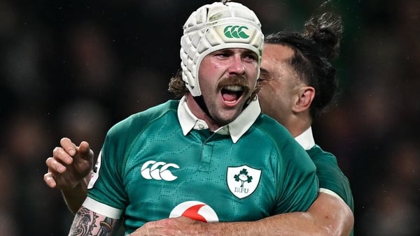 15 November 2025; Mack Hansen of Ireland celebrates with teammate James Lowe, after scoring their side's second try during the Quilter Nations Series 2025 match between Ireland and Australia at the Aviva Stadium in Dublin. Photo by Seb Daly/Sportsfile