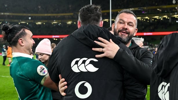 15 November 2025; Ireland head coach Andy Farrell celebrates with Dan Sheehan of Ireland after the Quilter Nations Series 2025 match between Ireland and Australia at the Aviva Stadium in Dublin. Photo by David Fitzgerald/Sportsfile