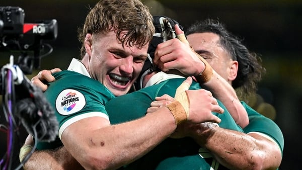 15 November 2025; Caelan Doris of Ireland is congratulated by team-mates Cian Prendergast, left, and James Lowe, right, after scoring their fourth try during the Quilter Nations Series 2025 match between Ireland and Australia at the Aviva Stadium in Dubli