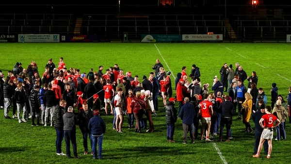 15 November 2025; Athy players and supporters after the AIB Leinster GAA Football Senior Club Championship quarter-final match between Athy and Summerhill at Cedral St Conleth's Park in Newbridge, Kildare. Photo by Thomas Flinkow/Sportsfile