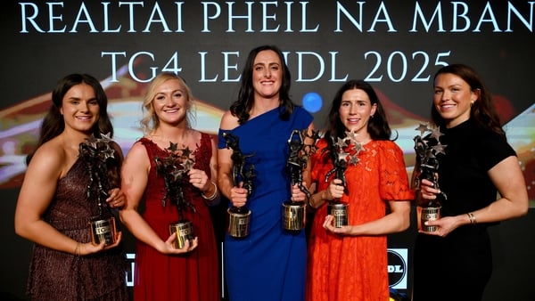 15 November 2025; Dublin All Star winners, from left, Kate Sullivan, Carla Rowe, Hannah Tyrrell, Jess Tobin and Leah Caffrey during the TG4 All-Ireland Ladies Football All Stars Awards banquet, in association with Lidl, at the Bonnington Dublin Hotel. Pho