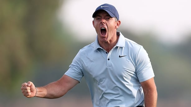 DUBAI, UNITED ARAB EMIRATES - NOVEMBER 16: Rory McIlroy of Northern Ireland celebrates after putting on the eighteen green to force a playoff with Matt Fitzpatrick of England (not pictured) on day four of the DP World Tour Championship 2025 at Jumeirah Golf Estates on November 16, 2025 in Dubai, Uni