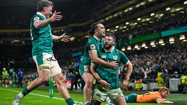 15 November 2025; Robbie Henshaw of Ireland celebrates with teammates James Lowe, centre, Cian Prendergast, left, after scoring their side's sixth try during the Quilter Nations Series 2025 match between Ireland and Australia at the Aviva Stadium in Dublin. Photo by David Fitzgerald/Sportsfile