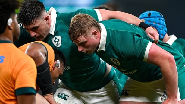 15 November 2025; Ireland players Dan Sheehan, left, and Paddy McCarthy during the Quilter Nations Series 2025 match between Ireland and Australia at the Aviva Stadium in Dublin. Photo by Seb Daly/Sportsfile