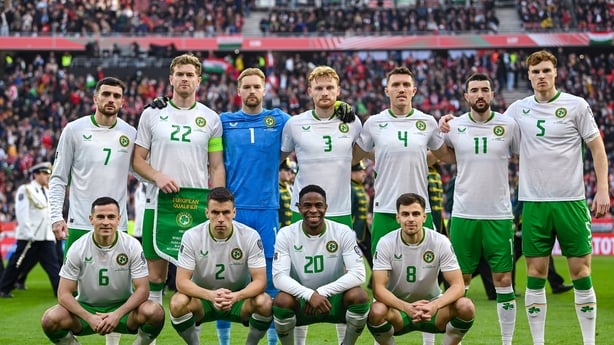 The Republic of Ireland team, back row, from left to right, Troy Parrott, Nathan Collins, Caoimhin Kelleher, Liam Scales, Dara O'Shea, Finn Azaz and Jake O'Brien; front row, from left to right, Josh Cullen, Seamus Coleman, Chiedozie Ogbene and Jayson Molumby; before the FIFA World Cup 2026 Group F Q