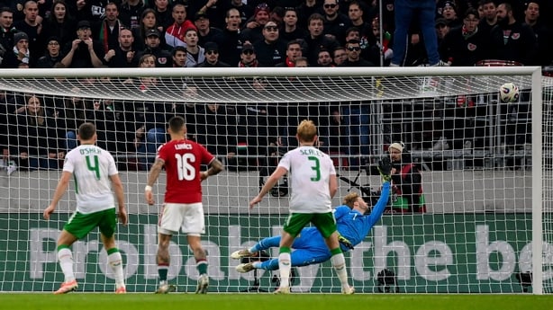 Republic of Ireland goalkeeper Caoimhin Kelleher concedes his side's second goal from Barnabás Varga of Hungary during the FIFA World Cup 2026 Group F Qualifier match between Hungary and Republic of Ireland at Puskás Aréna in Budapest, Hungary.