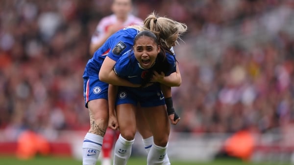LONDON, ENGLAND - NOVEMBER 08: Alyssa Thompson of Chelsea celebrates with teammate Erin Cuthbert after scoring her team's first goal during the Barclays Women's Super League match between Arsenal and Chelsea FC at Emirates Stadium on November 08, 2025 in