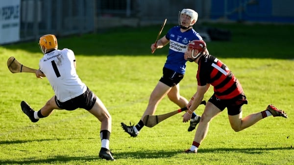 16 November 2025; Patrick Fitzgerald of Ballygunner scores his side's third goal past Sarsfields goalkeeper Ben Graham during the AIB Munster GAA Hurling Senior Club Championship semi-final match between Ballygunner and Sarsfields at Azzurri Walsh Park in