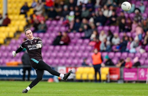16 November 2025; Castletown-Liam Mellows goalkeeper Darragh Brooks scores a two point score from a free during the AIB Leinster GAA Football Senior Club Championship quarter-final match between Castletown-Liam Mellows and Ballyboden St Enda's at Chadwicks Wexford Park in Wexford. Photo by Michael P