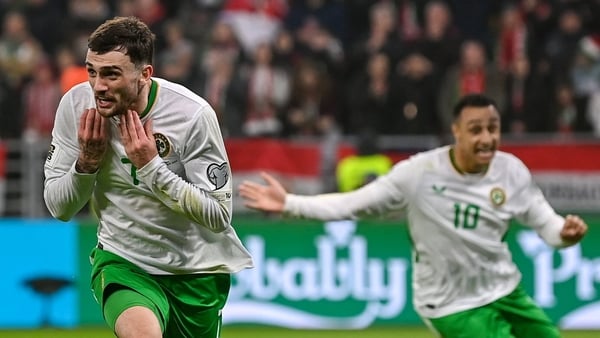 Hungary , Hungary - 16 November 2025; Troy Parrott of Republic of Ireland celebrates after scoring his side's third goal during the FIFA World Cup 2026 Group F Qualifier match between Hungary and Republic of Ireland at Puskás Aréna in Budapest, Hungary. (