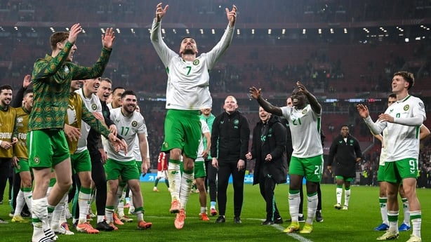16 November 2025; Troy Parrott of Republic of Ireland celebrates after the FIFA World Cup 2026 Group F Qualifier match between Hungary and Republic of Ireland at Puskás Aréna in Budapest, Hungary. Photo by Stephen McCarthy/Sportsfile