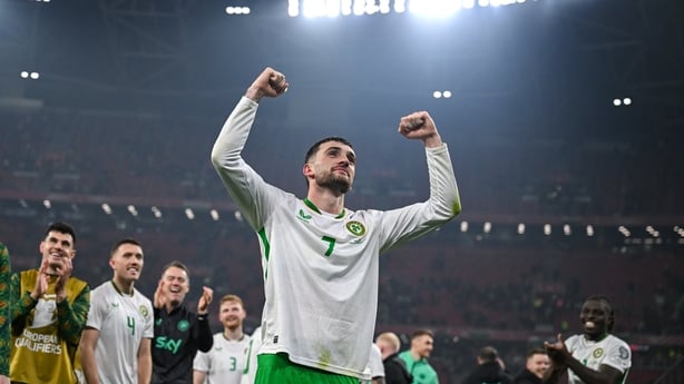 16 November 2025; Troy Parrott of Republic of Ireland celebrates after the FIFA World Cup 2026 Group F Qualifier match between Hungary and Republic of Ireland at Puskás Aréna in Budapest, Hungary. Photo by Stephen McCarthy/Sportsfile