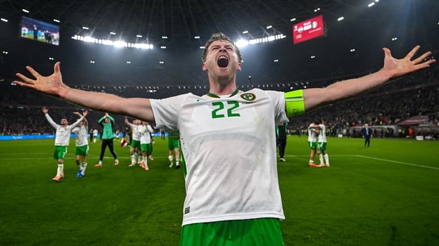 16 November 2025; Nathan Collins of Republic of Ireland celebrates after the FIFA World Cup 2026 Group F Qualifier match between Hungary and Republic of Ireland at Puskás Aréna in Budapest, Hungary. Photo by Stephen McCarthy/Sportsfile
