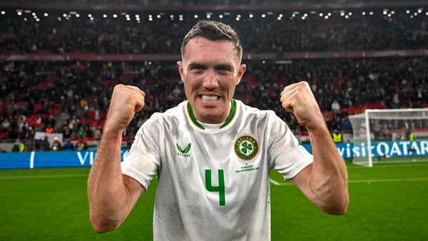 16 November 2025; Dara O'Shea of Republic of Ireland celebrates after the FIFA World Cup 2026 Group F Qualifier match between Hungary and Republic of Ireland at Puskás Aréna in Budapest, Hungary. Photo by Stephen McCarthy/Sportsfile