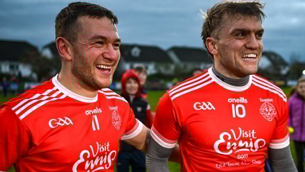 16 November 2025; David Reidy and Shane O'Donnell of Éire Óg celebrate after the AIB Munster GAA Hurling Senior Club Championship semi-final match between and Loughmore-Castleiney at O'Garney Park, Sixmilebridge in Clare Photo by Ray McManus/Sportsfile