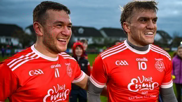 16 November 2025; David Reidy and Shane O'Donnell of Éire Óg celebrate after the AIB Munster GAA Hurling Senior Club Championship semi-final match between and Loughmore-Castleiney at O'Garney Park, Sixmilebridge in Clare Photo by Ray McManus/Sportsfile