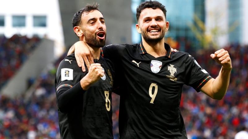 Bruno Fernandes and Goncalo Ramos celebrate as Portugal rout Armenia