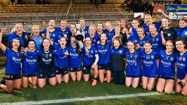 16 November 2025; St Ergnats Moneyglasse celebrate after the AIB Ulster Ladies Senior Club Championship final match between Errigal Ciaran and St Ergnats Moneyglass at Brewster Park in Enniskillen. Photo by Oliver McVeigh/Sportsfile
