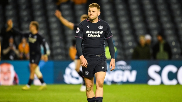 Scotland's Finn Russell looks dejected at full time during a Quilter Nations Series match between Scotland and Argentina at Scottish Gas Murrayfield, on November 16, 2025, in Edinburgh, Scotland.