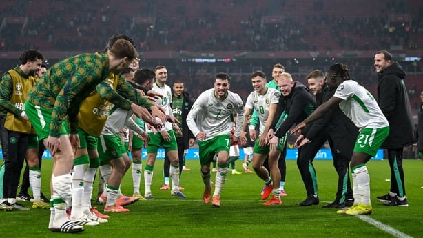Troy Parrott of Republic of Ireland celebrates with teammates after the FIFA World Cup 2026 Group F Qualifier match between Hungary and Republic of Ireland at Puskás Aréna in Budapest, Hungary.