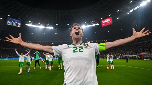 Nathan Collins of Republic of Ireland celebrates after the FIFA World Cup 2026 Group F Qualifier match between Hungary and Republic of Ireland at Puskás Aréna in Budapest, Hungary.
