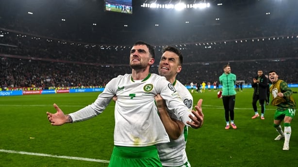 Troy Parrott, left, and Seamus Coleman of Republic of Ireland celebrate after the FIFA World Cup 2026 Group F Qualifier match between Hungary and Republic of Ireland at Puskás Aréna in Budapest, Hungary.