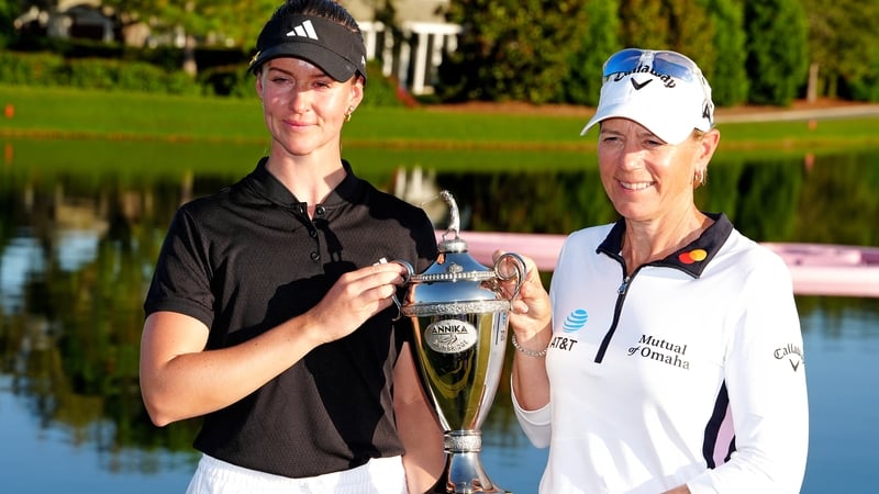 Linn Grant poses with the trophy and fellow Swede Annika Sorenstam, who the Florida tournament is named after